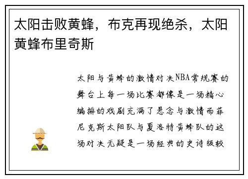 太阳击败黄蜂，布克再现绝杀，太阳黄蜂布里奇斯