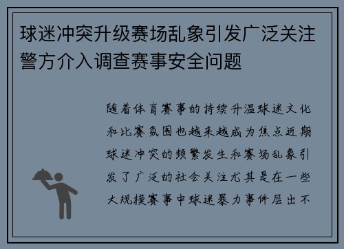球迷冲突升级赛场乱象引发广泛关注警方介入调查赛事安全问题