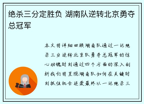 绝杀三分定胜负 湖南队逆转北京勇夺总冠军
